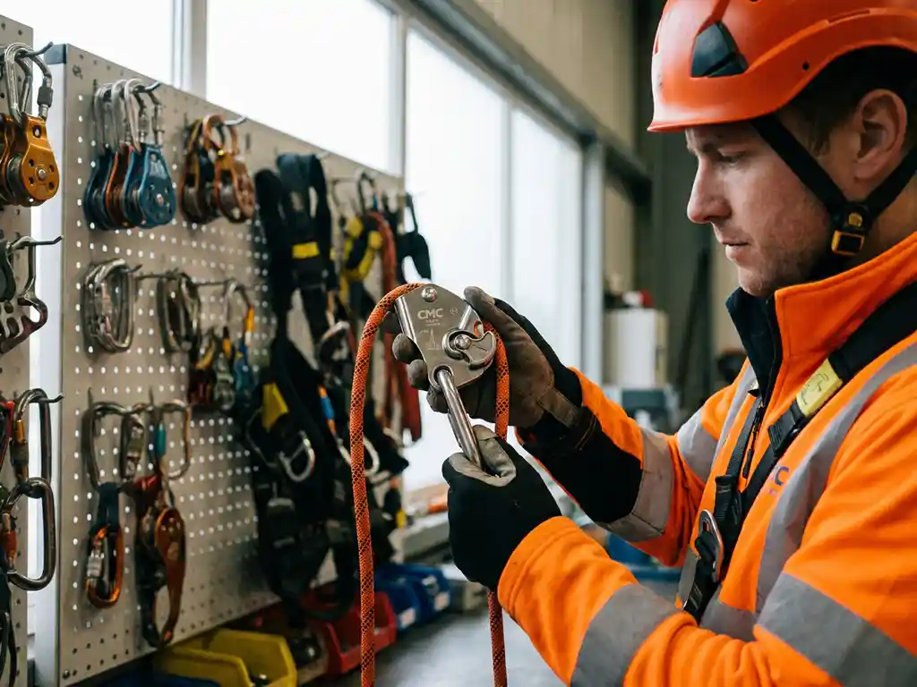 Reddingsspecialist in oranje veiligheidspak inspecteert roestvrijstalen CMC-afdaaltoestel in professionele werkplaats