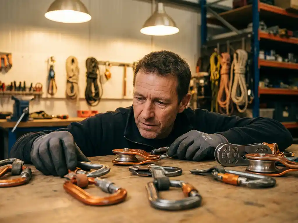 Reddingsspecialist inspecteert afdalapparatuur en katrolsystemen op werkbank in professionele werkplaats