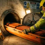 reddingsbrancard-beperkte-ruimte-noodrespons-industrieel.jpg Oranje SKED reddingsbrancard bij ingang van smalle industriële besloten ruimte met hulpverlener in waarschuwingsvest