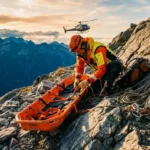 bergredding-sked-brancard-helikopter-reddingsoperatie.jpg Oranje SKED reddingsbrancard op rotsachtige bergwand met hulpverlener in zichtbaarheidsvest, helikopter op achtergrond