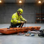reddingsbrancard-sked-professionele-uitrusting-veiligheid.jpg Reddingsspecialist in reflecterende kleding inspecteert oranje SKED reddingsbrancard met tactische uitrusting op betonvloer