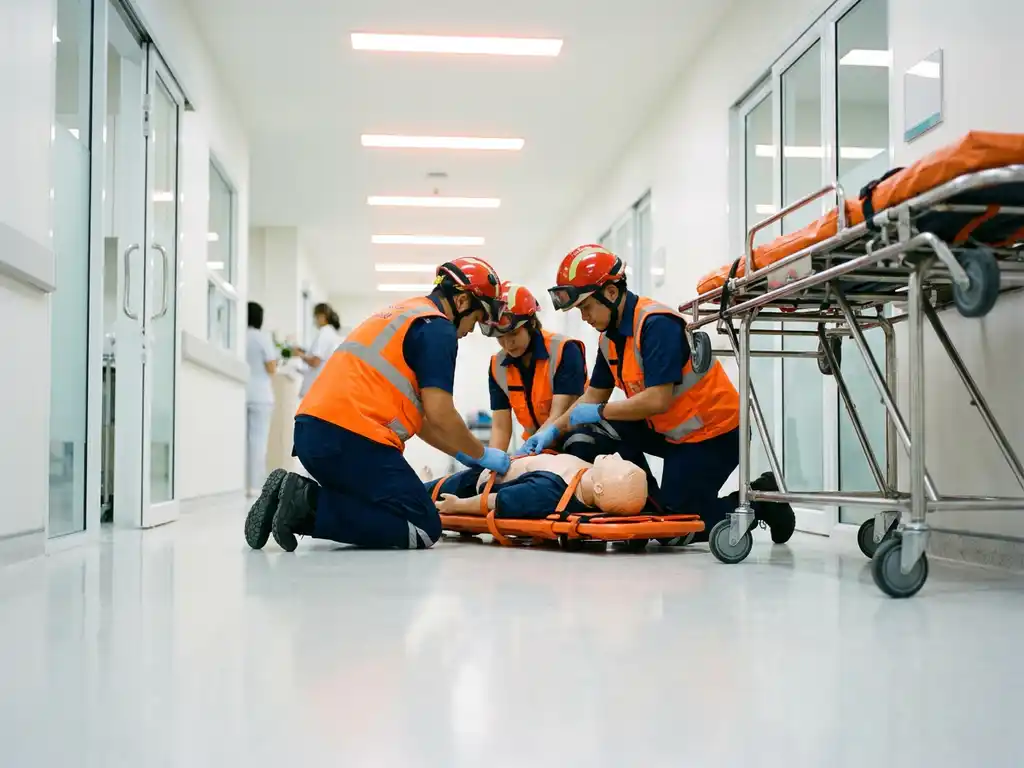 Reddingswerkers in veiligheidsvesten beveiligen trainingspop op professionele brancard in moderne ziekenhuisgang