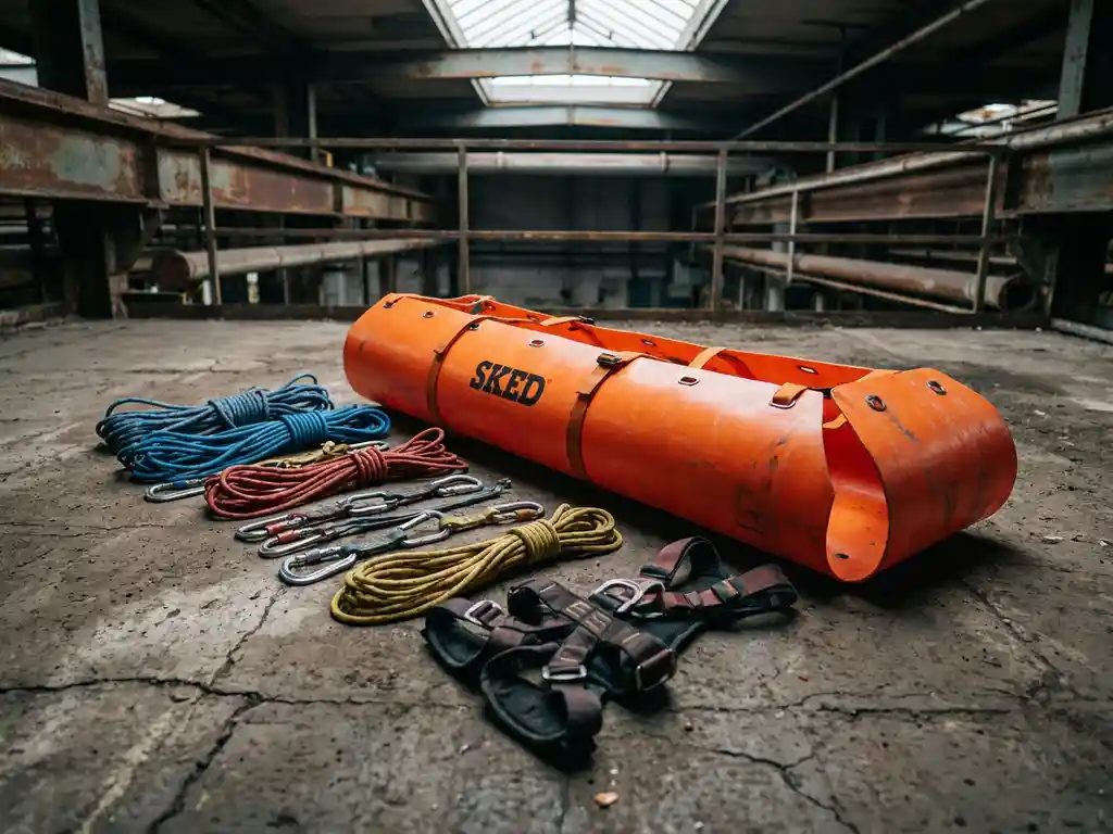 Oranje SKED reddingsbrancard op beton omringd door klimtouwen, karabiners en reddingsharnas in industriële omgeving