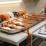 reddingsbrancard-oranje-riemen-veiligheidsuitrusting-medisch.jpg Professionele reddingsbrancard met oranje riemen en metalen gespen op witte medische tafel, omgeven door veiligheidsuitrusting