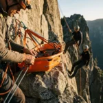 reddingsteam-sked-brancard-klif-bergreddding.jpg Reddingsteamlid bevestigt oranje SKED brancard aan rotswand met touwen en karabiners, tweede redder daalt af op achtergrond