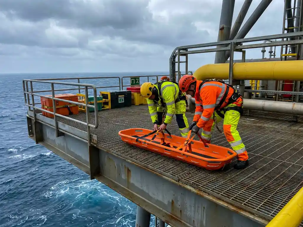 Twee reddingswerkers in veiligheidsvesten positioneren oranje SKED brancard op stalen dek van offshore olieplatform boven diepe oceaan