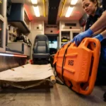 sked-evacuatie-brancard-ambulance-reddingsuitrusting.jpg Oranje SKED evacuatiebrancards naast traditionele witte brancard in ambulance, hulpverlener past moderne reddingsuitrusting aan