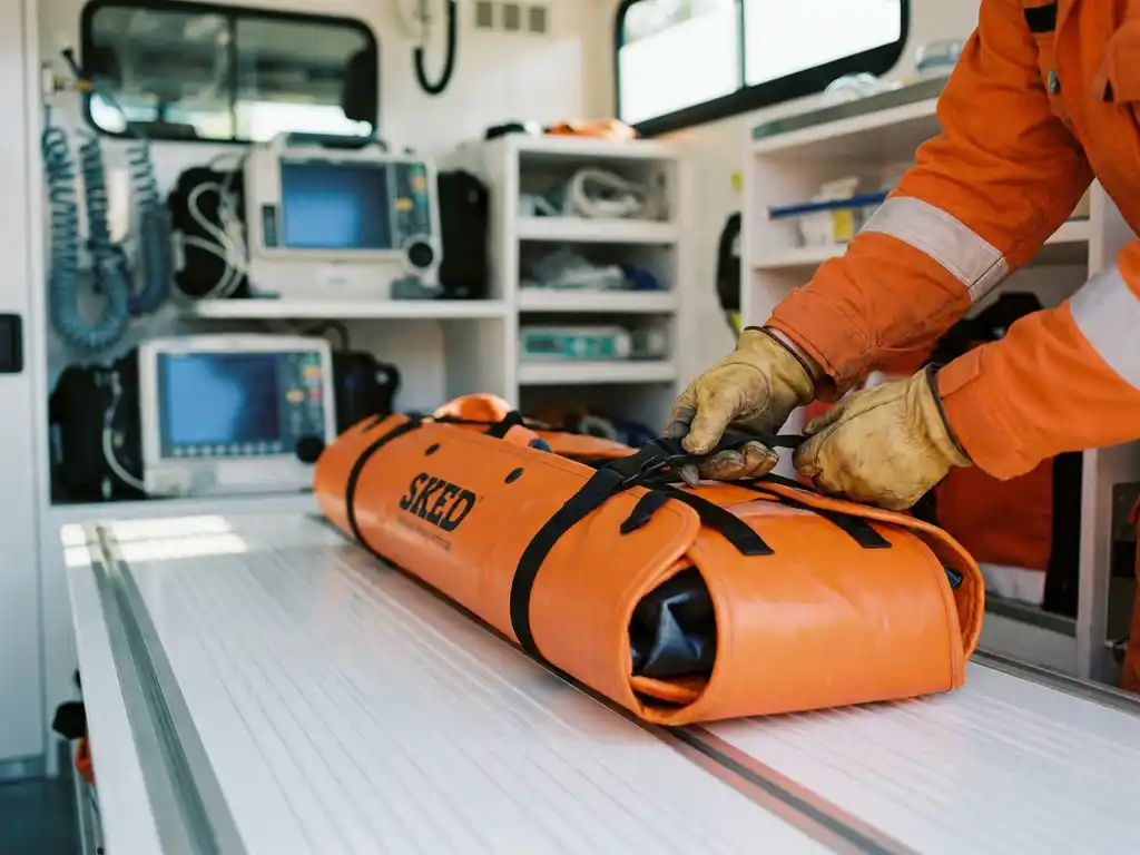 Oranje SKED reddingsbrancard op ambulancevloer met reddingswerker die riemen aanpast, medische apparatuur op achtergrond