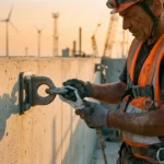 Bouwvakker bevestigt veiligheidsharnas aan stalen Genesi ankerpunt op betonnen industriële muur