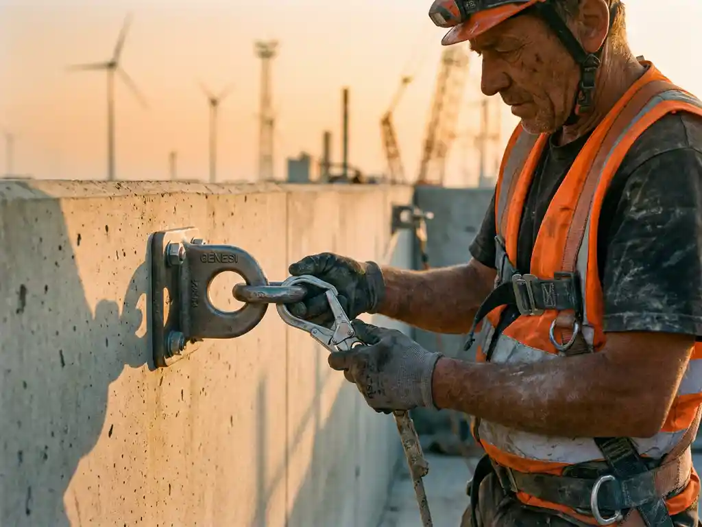 Bouwvakker bevestigt veiligheidsharnas aan stalen Genesi ankerpunt op betonnen industriële muur