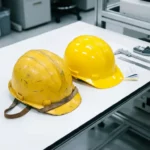 veiligheidshelm-inspectie-slijtage-vergelijking-werkplek.jpg Versleten gele veiligheidshelm met krassen naast nieuwe helm op witte inspectietafel in industriële veiligheidsomgeving