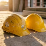 veiligheidshelm-bouw-oud-nieuw-vergelijking.jpg Versleten gele veiligheidshelm naast nieuwe helm op betonnen bouwplaats in gouden zonlicht