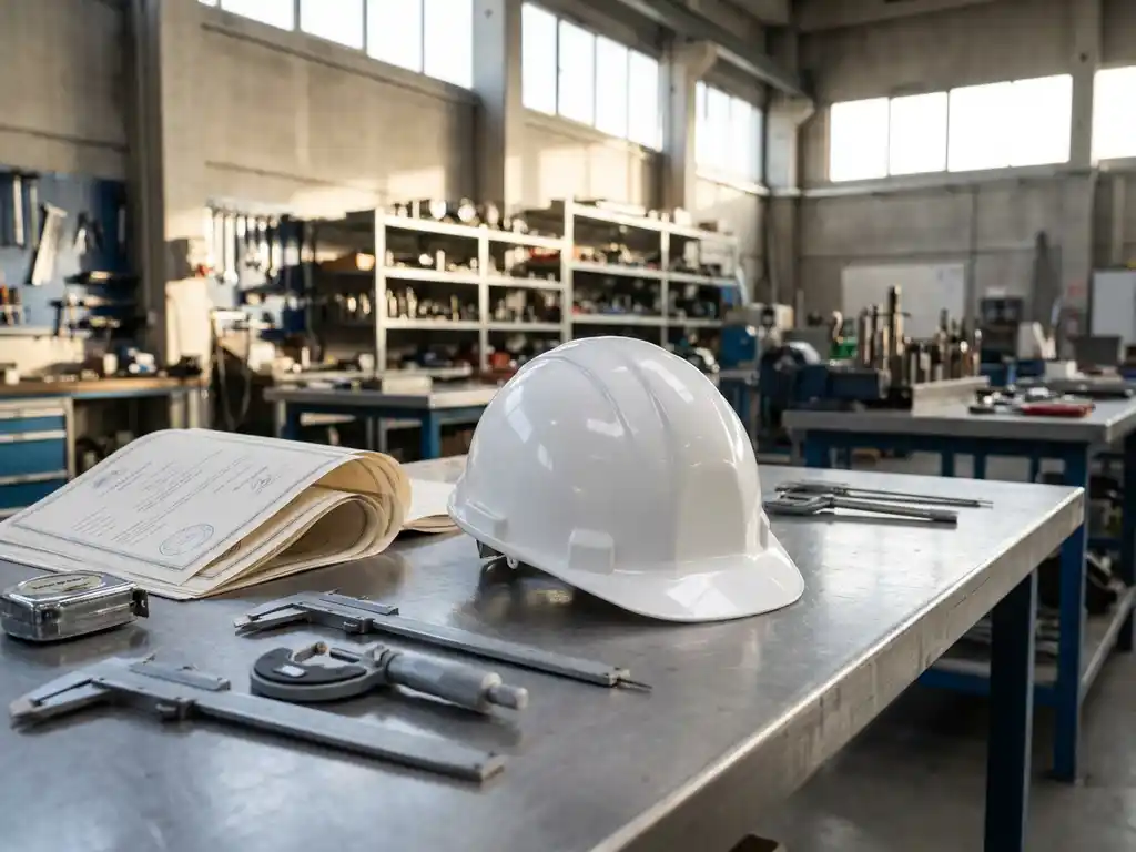 Witte veiligheidshelm op stalen werkbank met certificeringsdocumenten en meetgereedschap in industriële werkplaats