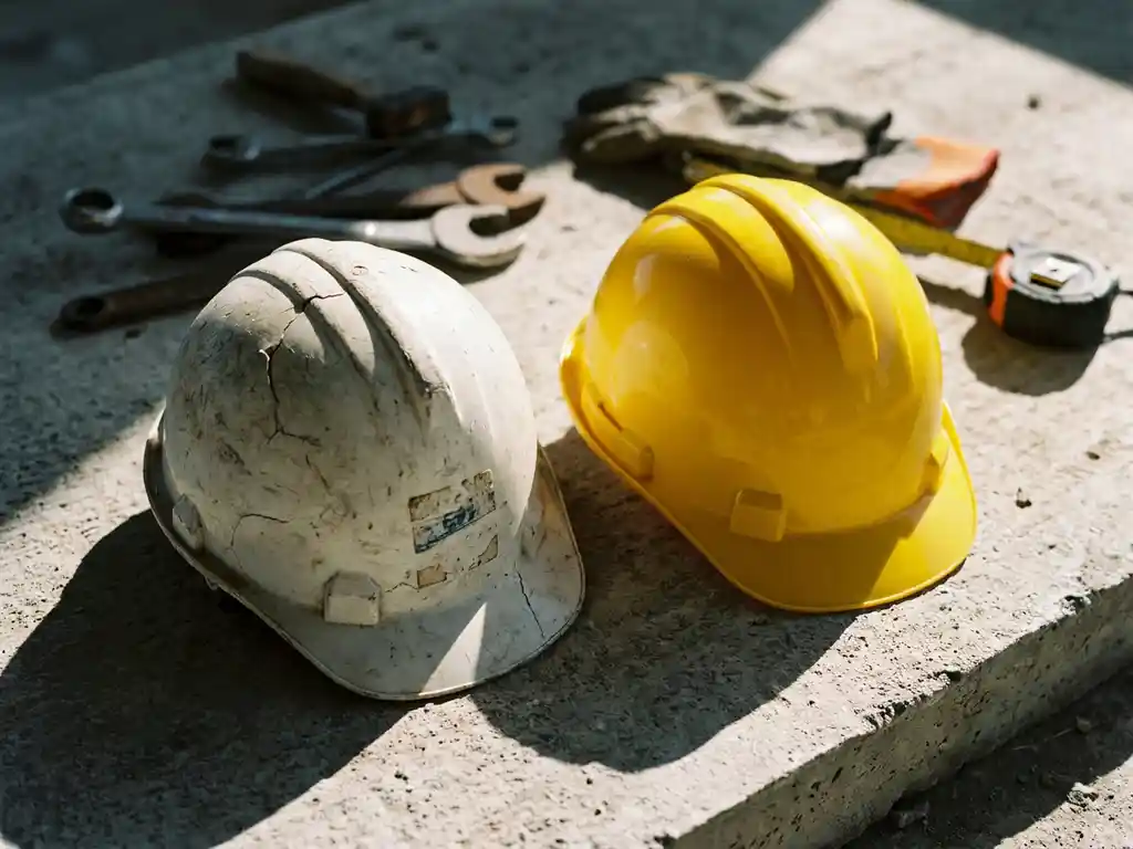Versleten witte veiligheidshelm met scheuren naast nieuwe gele helm op betonnen bouwplaats met gereedschap op achtergrond