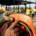 veiligheidshelm-vervaldatum-controle-bouwplaats-inspectie.jpg Verweerde handen in werkhandschoenen onderzoeken fabricagedatum op oranje veiligheidshelm, vingers wijzen naar gegoten datummarkering