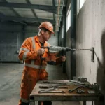 anker-installatie-veiligheid-industrieel-bevestiging.jpg Veiligheidstechnicus in oranje werkkleding installeert stalen verankeringspunt in betonnen industriële muur met precisie