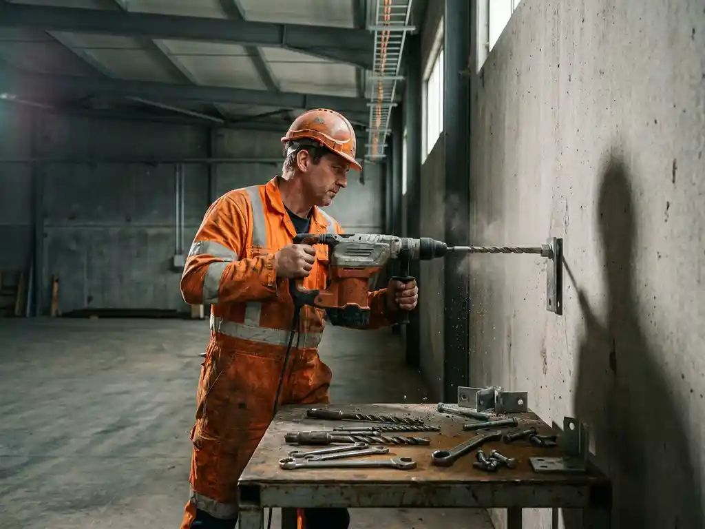 Veiligheidstechnicus in oranje werkkleding installeert stalen verankeringspunt in betonnen industriële muur met precisie