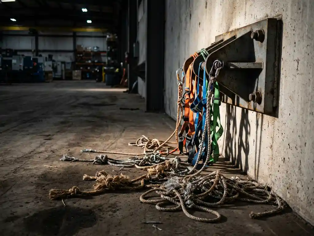 Stalen ankerpunt met veiligheidsharnas bevestigd aan betonnen muur, gebroken touwen liggen verspreid op fabrieksgrond eronder